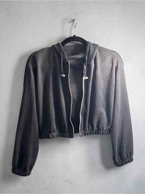 Dazy Cropped Drop-Shoulder Zip-up Hoodie in Charcoal